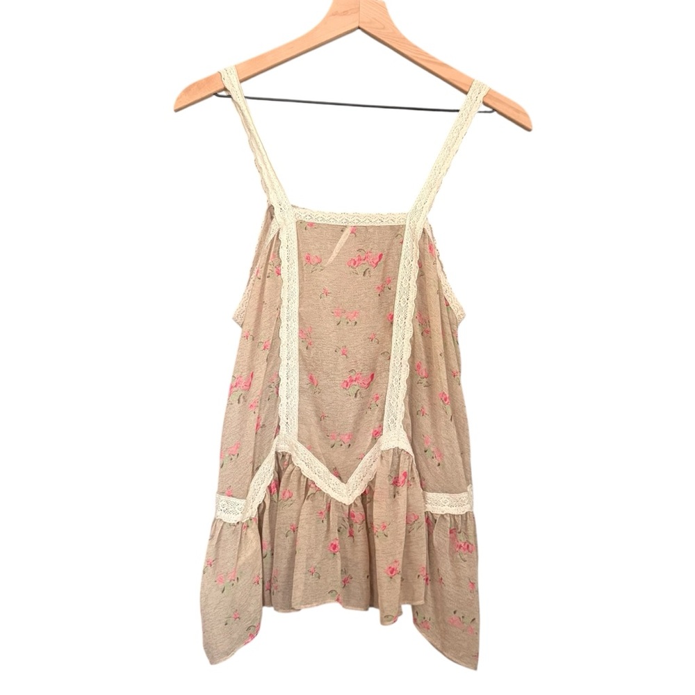 Free People Floral Beige Sleeveless Top with Lace Trim - Picture 1 of 6